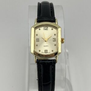 Women's Fashion‎ Watch 20mm Gold Case Black Genuine Leather Band- New Battery